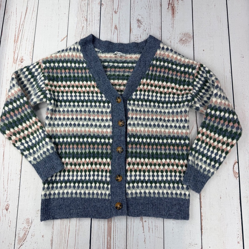 Kensie Women Blue Fair Isle Wool Blend V-Neck Cardigan Sweater Small